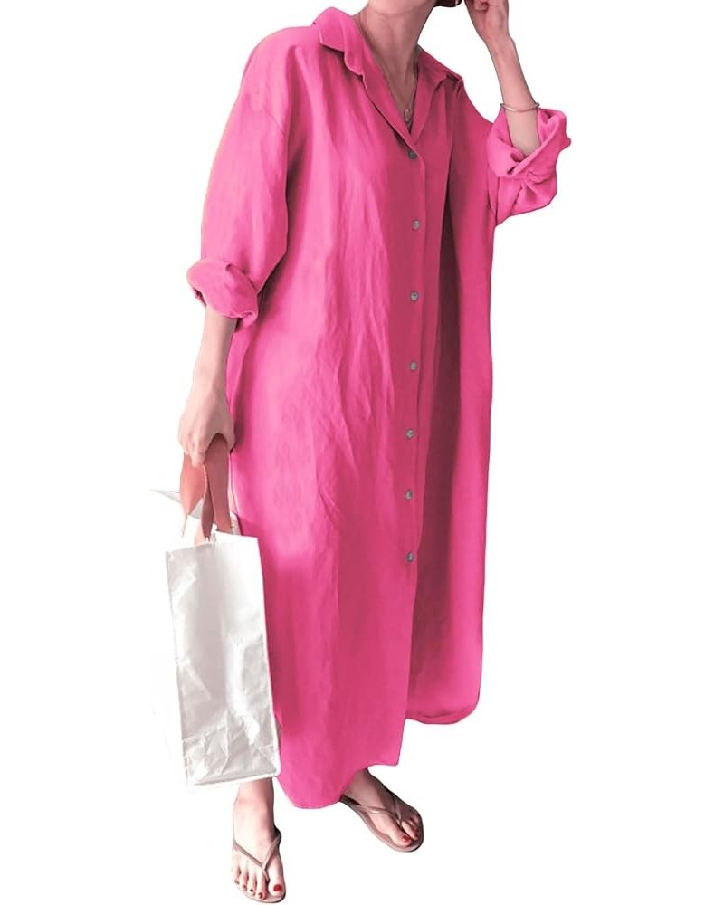 Womens Chic Button Down Rolled-Up Sleeve Long Cotton Blouse Maxi Dress Rose $19.18 Dresses