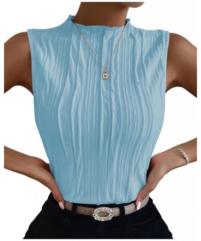 Womens Summer Textured Tank Tops Sleeveless Mock Neck Tank Slim Fit Shirt Blouse Light Blue $10.35 Tanks