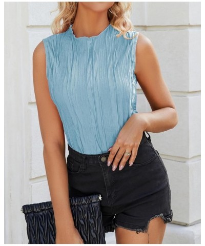 Womens Summer Textured Tank Tops Sleeveless Mock Neck Tank Slim Fit Shirt Blouse Light Blue $10.35 Tanks