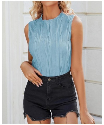 Womens Summer Textured Tank Tops Sleeveless Mock Neck Tank Slim Fit Shirt Blouse Light Blue $10.35 Tanks