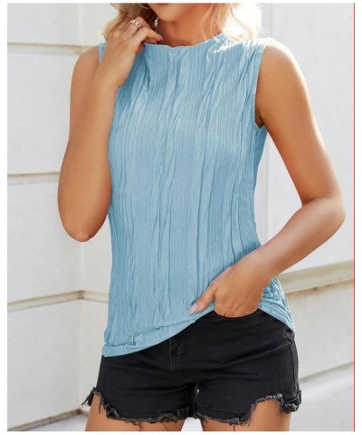 Womens Summer Textured Tank Tops Sleeveless Mock Neck Tank Slim Fit Shirt Blouse Light Blue $10.35 Tanks