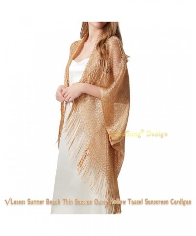 Summer Sheer Shrug Top Open Front Cardigan Beach Thin Soft Hollow Tassel Shawls for Women Girls Gold $9.24 Sweaters