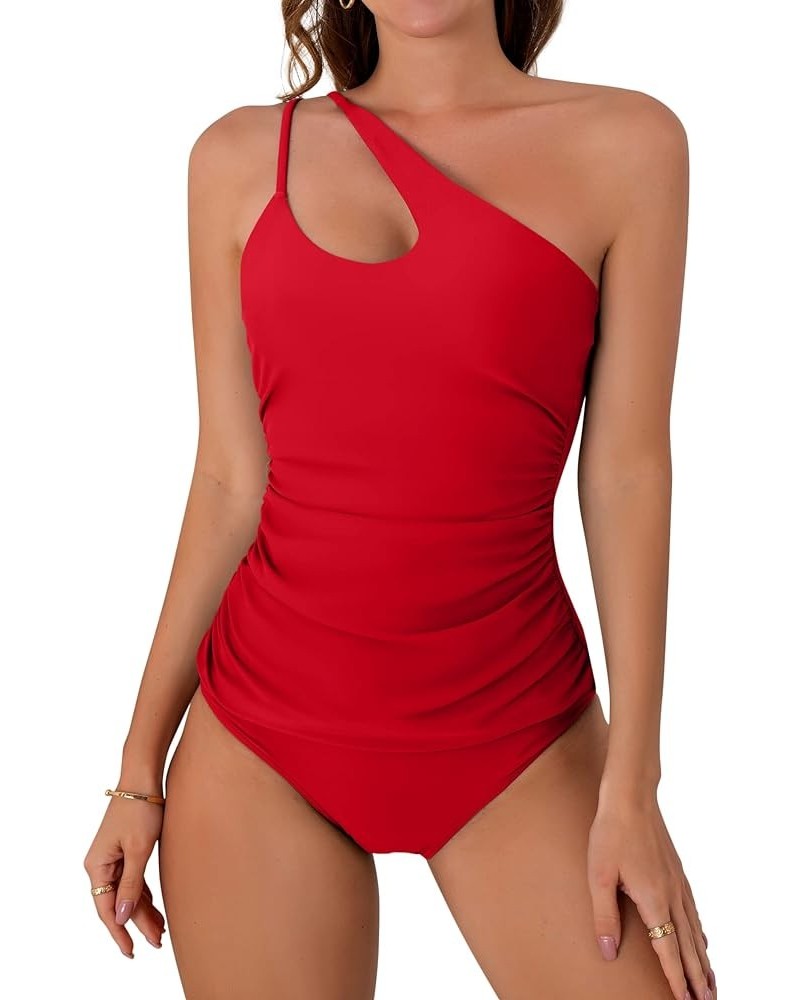 Two Piece Tankini Bathing Suits for Women One Shoulder Tummy Control Swimsuits Slimming Swimwear with Bottoms Red $22.54 Swim...