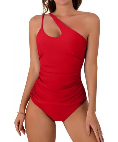 Two Piece Tankini Bathing Suits for Women One Shoulder Tummy Control Swimsuits Slimming Swimwear with Bottoms Red $22.54 Swim...