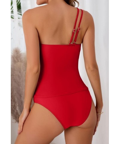 Two Piece Tankini Bathing Suits for Women One Shoulder Tummy Control Swimsuits Slimming Swimwear with Bottoms Red $22.54 Swim...