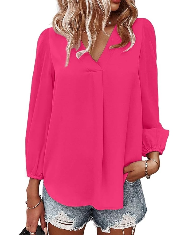 Women's Long Sleeve V Neck Shirt Dressy Pleated Top Casual Loose Chiffon Blouses A Rose Red $16.63 Blouses