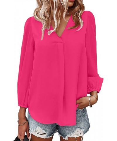 Women's Long Sleeve V Neck Shirt Dressy Pleated Top Casual Loose Chiffon Blouses A Rose Red $16.63 Blouses