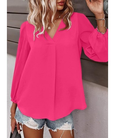 Women's Long Sleeve V Neck Shirt Dressy Pleated Top Casual Loose Chiffon Blouses A Rose Red $16.63 Blouses