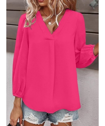 Women's Long Sleeve V Neck Shirt Dressy Pleated Top Casual Loose Chiffon Blouses A Rose Red $16.63 Blouses