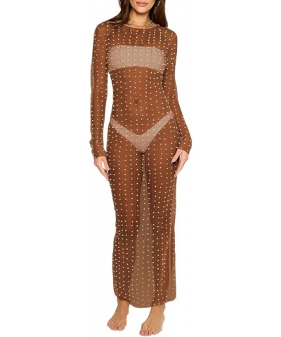 Women's Sexy Sheer Mesh Pearl Rhinestone Cover Up Maxi Dress Summer Beach Swimwear Bikini Bathing Suit Coverups A Coffee $15....