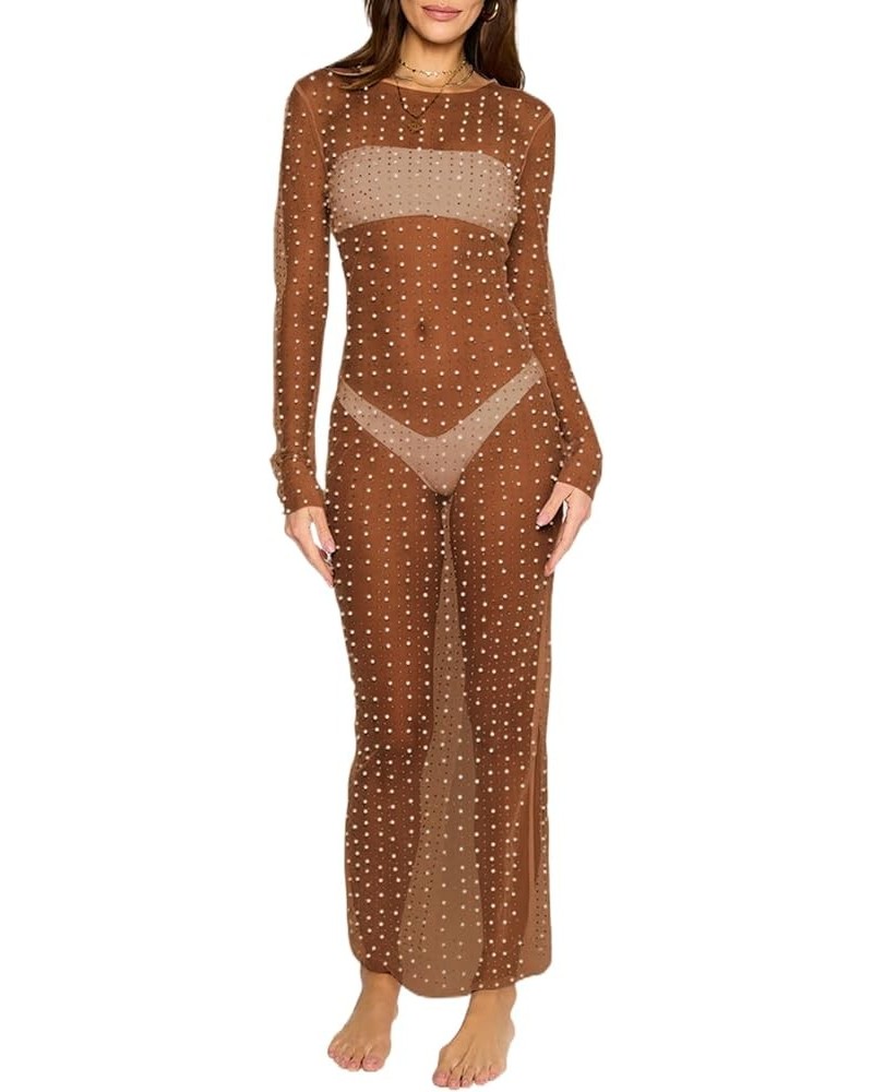 Women's Sexy Sheer Mesh Pearl Rhinestone Cover Up Maxi Dress Summer Beach Swimwear Bikini Bathing Suit Coverups A Coffee $15....