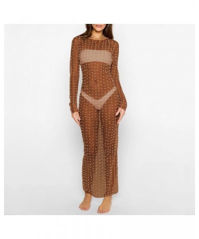 Women's Sexy Sheer Mesh Pearl Rhinestone Cover Up Maxi Dress Summer Beach Swimwear Bikini Bathing Suit Coverups A Coffee $15....