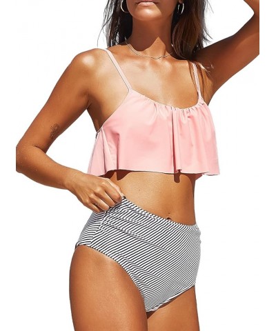 Women's High Waisted Bikini Sets Criss Cross Ruched Two Pieces Push Up Swimsuits 03pink Striped $18.80 Swimsuits