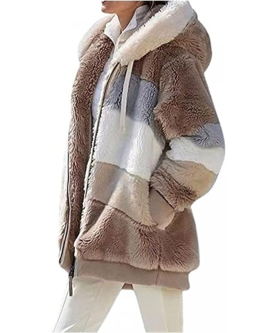 2024 New Contrasting Lamb Wool Padded Coat, Warm Plush Patchwork Zipper Pocket Hooded Loose Coat for Women Khaki $7.93 Coats