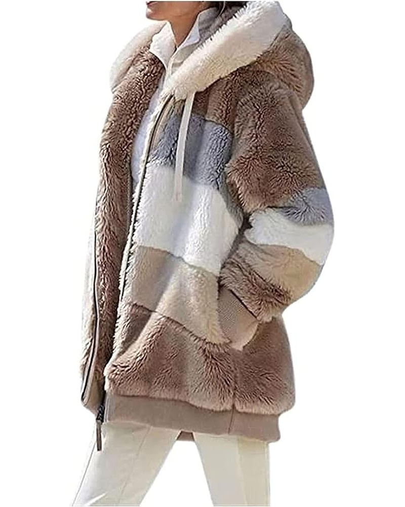 2024 New Contrasting Lamb Wool Padded Coat, Warm Plush Patchwork Zipper Pocket Hooded Loose Coat for Women Khaki $7.93 Coats