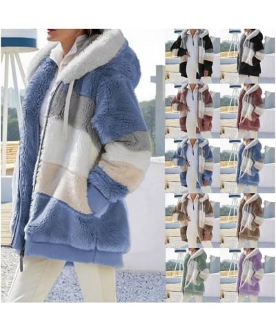 2024 New Contrasting Lamb Wool Padded Coat, Warm Plush Patchwork Zipper Pocket Hooded Loose Coat for Women Khaki $7.93 Coats