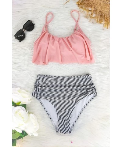 Women's High Waisted Bikini Sets Criss Cross Ruched Two Pieces Push Up Swimsuits 03pink Striped $18.80 Swimsuits