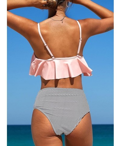 Women's High Waisted Bikini Sets Criss Cross Ruched Two Pieces Push Up Swimsuits 03pink Striped $18.80 Swimsuits