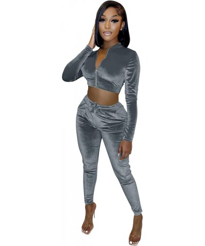 Womens 2 Piece Velour Tracksuit Bodycon Zipper-Up Outfits for Women, Long Sleeve Crop Top Pants Jogging Sportswear Grey $13.2...