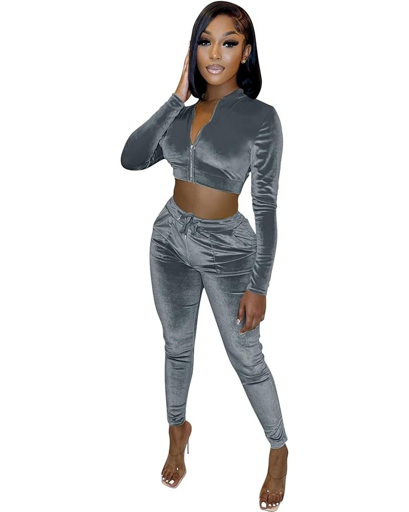 Womens 2 Piece Velour Tracksuit Bodycon Zipper-Up Outfits for Women, Long Sleeve Crop Top Pants Jogging Sportswear Grey $13.2...