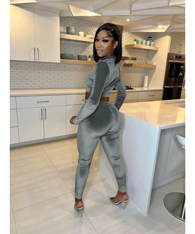 Womens 2 Piece Velour Tracksuit Bodycon Zipper-Up Outfits for Women, Long Sleeve Crop Top Pants Jogging Sportswear Grey $13.2...