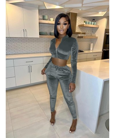 Womens 2 Piece Velour Tracksuit Bodycon Zipper-Up Outfits for Women, Long Sleeve Crop Top Pants Jogging Sportswear Grey $13.2...