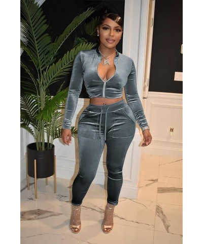 Womens 2 Piece Velour Tracksuit Bodycon Zipper-Up Outfits for Women, Long Sleeve Crop Top Pants Jogging Sportswear Grey $13.2...