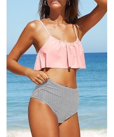 Women's High Waisted Bikini Sets Criss Cross Ruched Two Pieces Push Up Swimsuits 03pink Striped $18.80 Swimsuits