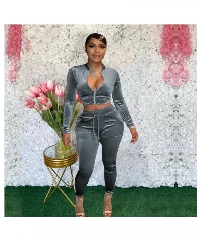 Womens 2 Piece Velour Tracksuit Bodycon Zipper-Up Outfits for Women, Long Sleeve Crop Top Pants Jogging Sportswear Grey $13.2...