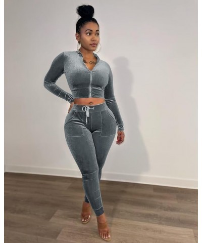 Womens 2 Piece Velour Tracksuit Bodycon Zipper-Up Outfits for Women, Long Sleeve Crop Top Pants Jogging Sportswear Grey $13.2...