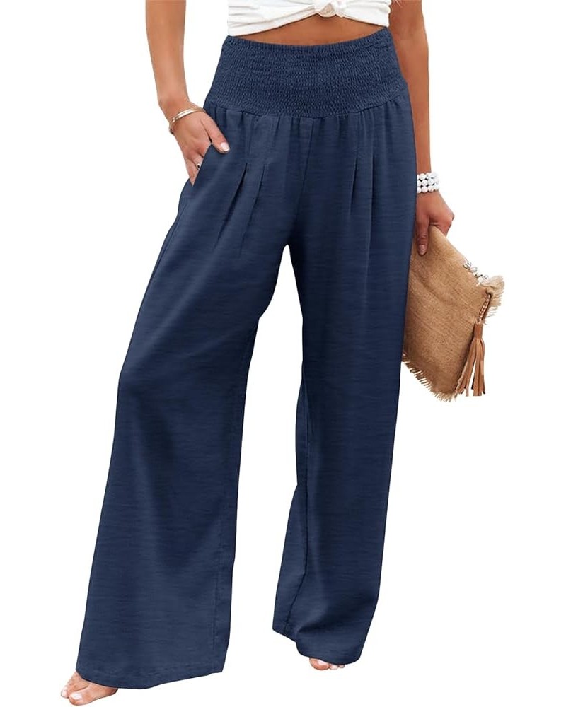 Womens Elastic High Waisted Palazzo Pants Casual Wide Leg Long Lounge Pant Trousers with Pocket 1 Navy $15.04 Pants