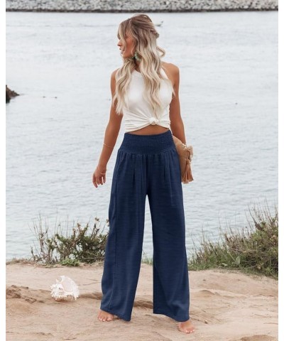 Womens Elastic High Waisted Palazzo Pants Casual Wide Leg Long Lounge Pant Trousers with Pocket 1 Navy $15.04 Pants