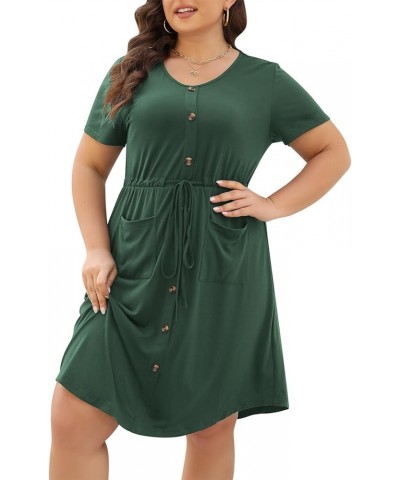 Plus Size Summer Casual Midi Dresses for Women Short Sleeve V Neck A-Line Button Up Dress with Belt and Pockets Armygreen $15...