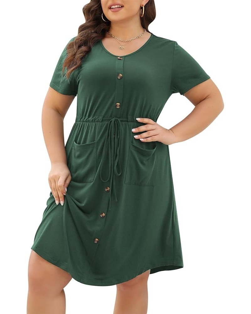 Plus Size Summer Casual Midi Dresses for Women Short Sleeve V Neck A-Line Button Up Dress with Belt and Pockets Armygreen $15...