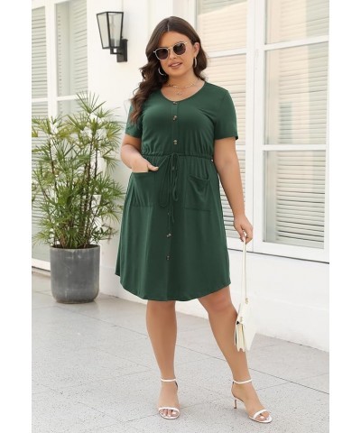 Plus Size Summer Casual Midi Dresses for Women Short Sleeve V Neck A-Line Button Up Dress with Belt and Pockets Armygreen $15...