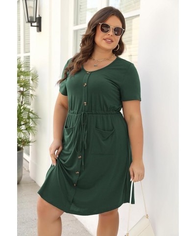 Plus Size Summer Casual Midi Dresses for Women Short Sleeve V Neck A-Line Button Up Dress with Belt and Pockets Armygreen $15...