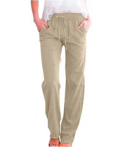 Linen Pants Women Fall Long Pant with Pockets Solid Color Elastic Waist Trousers Plus Size Wide Leg Sweatpants B-beige $6.23 ...