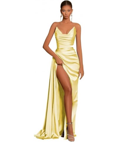 Satin Prom Dresses Long Ball Gown with Slit Corset Off Shoulder Bridesmaid Dresses for Formal Wedding Party B004 Yellow $24.7...