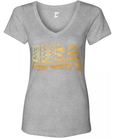 USA - Retro American Flag Stars & Stripes Women's V-Neck T-Shirt Light Gray - Gold Foil $9.01 T-Shirts