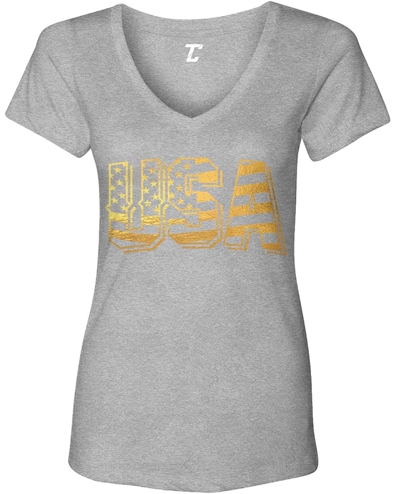 USA - Retro American Flag Stars & Stripes Women's V-Neck T-Shirt Light Gray - Gold Foil $9.01 T-Shirts