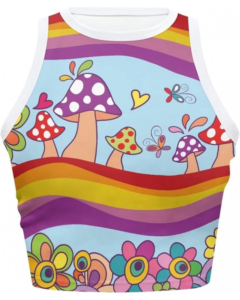 Women's Sleeveless Cropped Shirts High Neck Stretchy Fitted Basic Crop Tank Top, Size S-2XL Mushrooms & Butterflies $9.00 Tanks