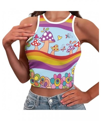 Women's Sleeveless Cropped Shirts High Neck Stretchy Fitted Basic Crop Tank Top, Size S-2XL Mushrooms & Butterflies $9.00 Tanks