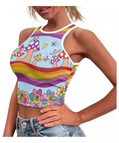 Women's Sleeveless Cropped Shirts High Neck Stretchy Fitted Basic Crop Tank Top, Size S-2XL Mushrooms & Butterflies $9.00 Tanks