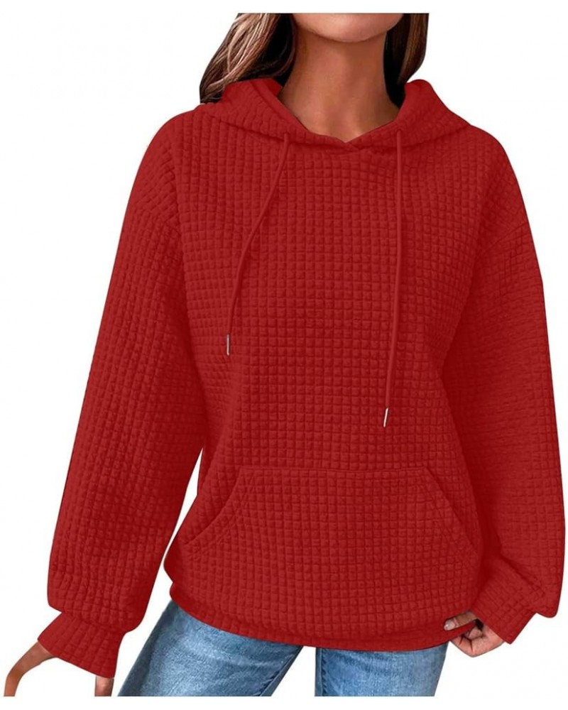 Womens Waffle Knit Long Sleeve Sweatshirts Solid Color Pullover Tops Drawstraing Loose Comfy Fashion Sweatshirt 06 Red $12.37...