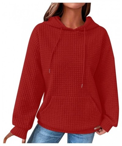 Womens Waffle Knit Long Sleeve Sweatshirts Solid Color Pullover Tops Drawstraing Loose Comfy Fashion Sweatshirt 06 Red $12.37...