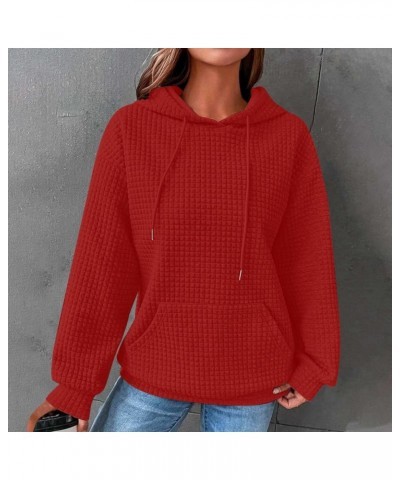 Womens Waffle Knit Long Sleeve Sweatshirts Solid Color Pullover Tops Drawstraing Loose Comfy Fashion Sweatshirt 06 Red $12.37...