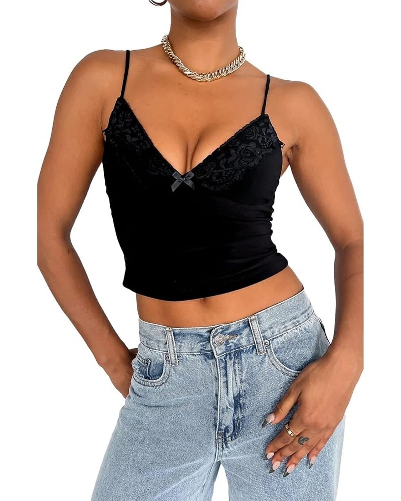 Women Floral Lace Trim Cami Tank Top Spaghetti Strap Backless Camisole Y2k Sleeveless Slim Fit Going Out Top Shirt H-black $5...