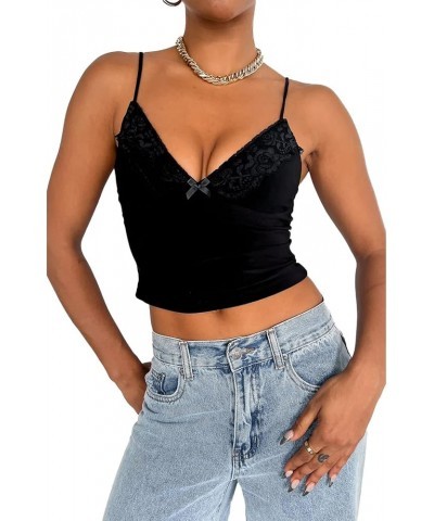 Women Floral Lace Trim Cami Tank Top Spaghetti Strap Backless Camisole Y2k Sleeveless Slim Fit Going Out Top Shirt H-black $5...