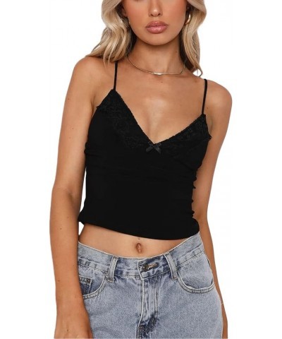 Women Floral Lace Trim Cami Tank Top Spaghetti Strap Backless Camisole Y2k Sleeveless Slim Fit Going Out Top Shirt H-black $5...