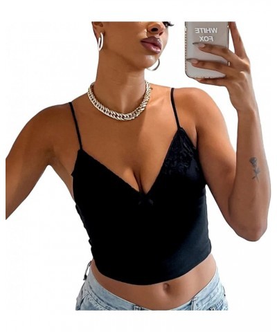 Women Floral Lace Trim Cami Tank Top Spaghetti Strap Backless Camisole Y2k Sleeveless Slim Fit Going Out Top Shirt H-black $5...